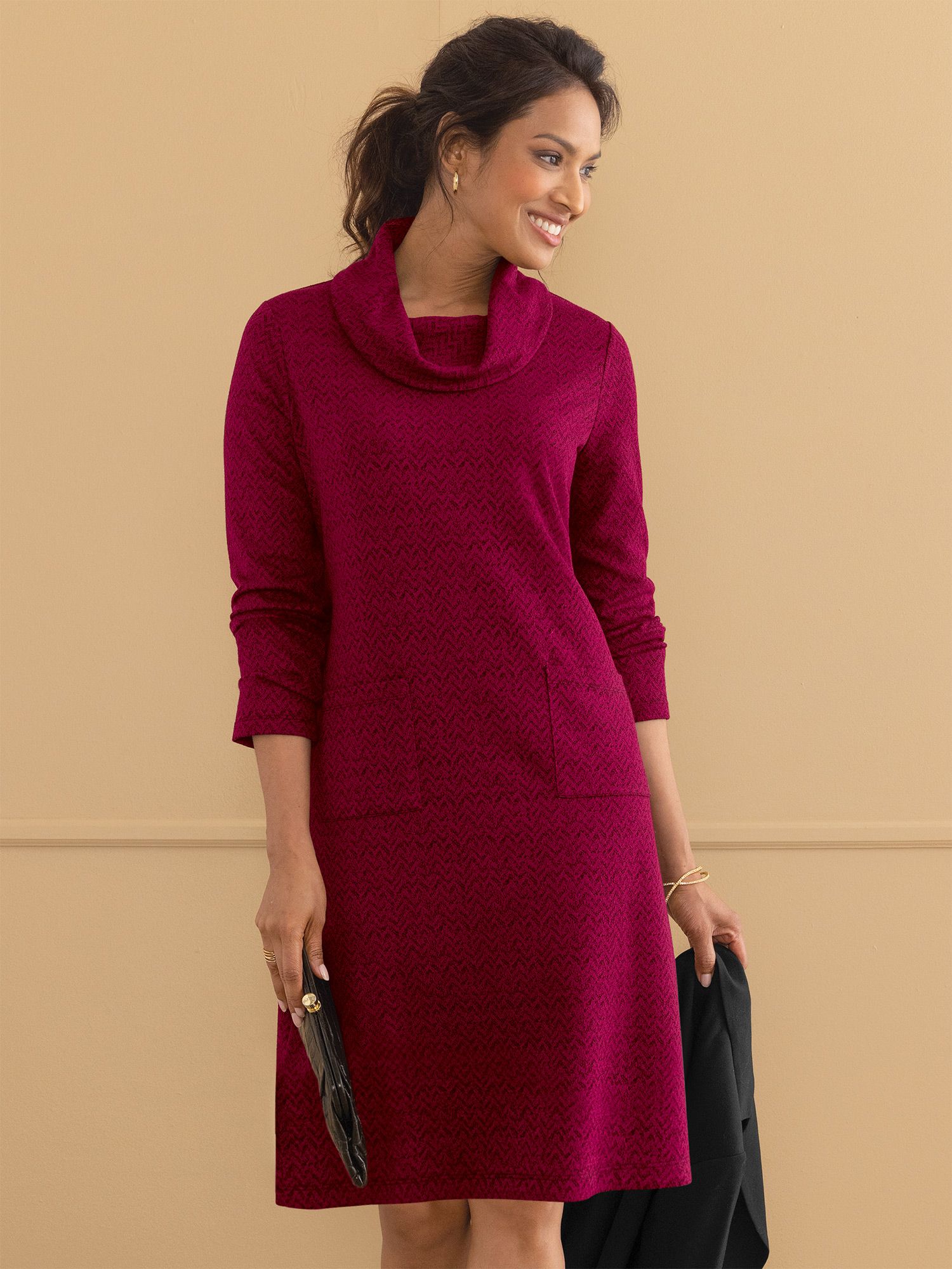 Easy Textured Knit Cowlneck Dress