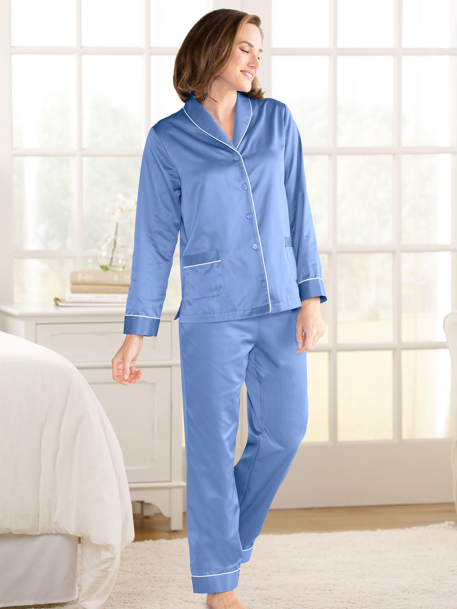 Solid Brushed-Back Satin Shawl-Collar Pajamas