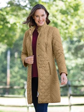 Water-Resistant Diamond-Quilted Three-Quarter Length Coat