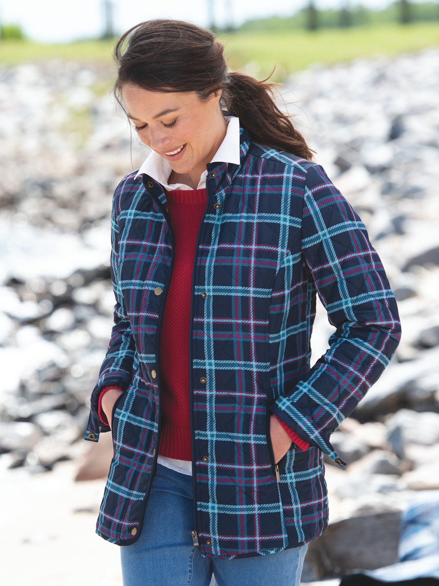 Diamond-Quilted Plaid Jacket