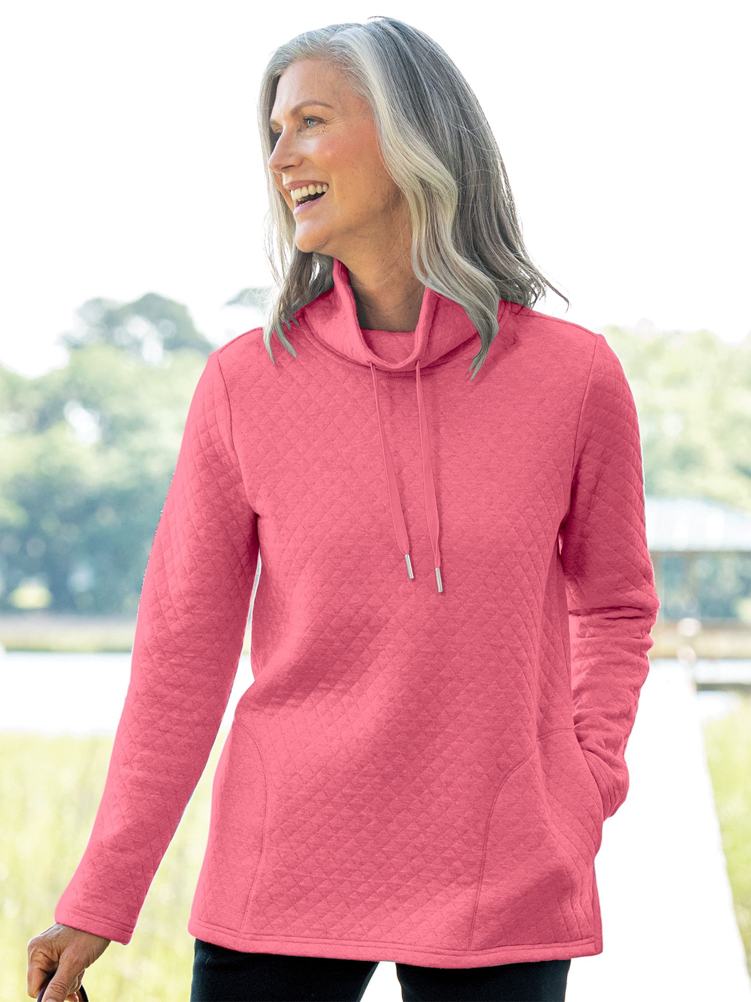 Quilted-Knit Funnel-Neck Active Pullover