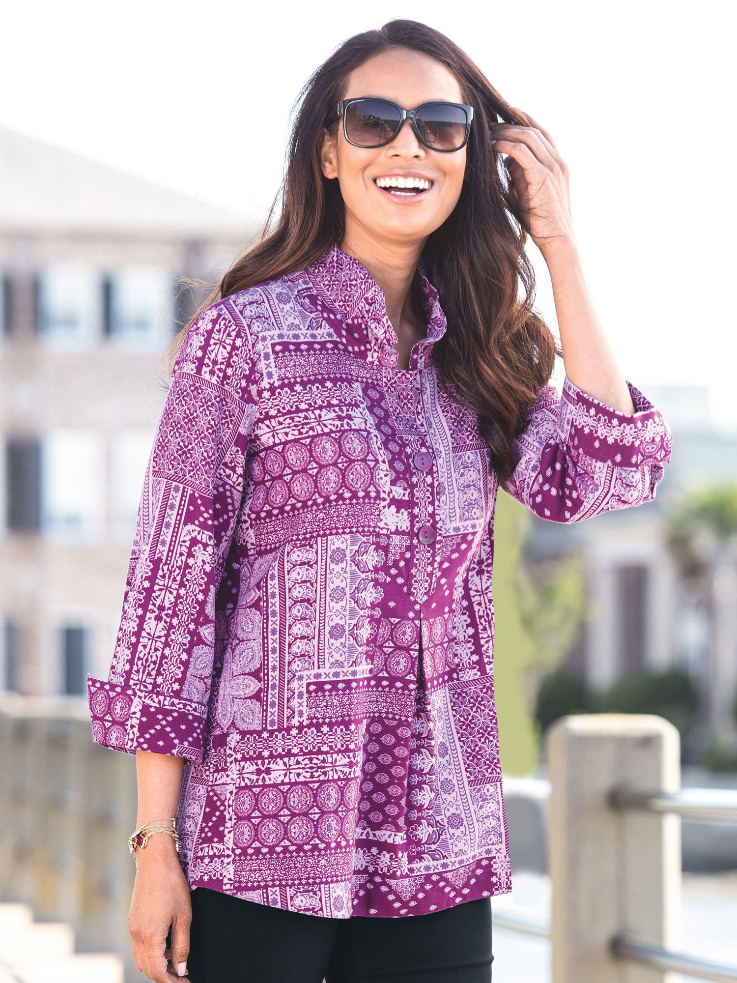 Patchwork-Print Ruffle-Collar Tunic