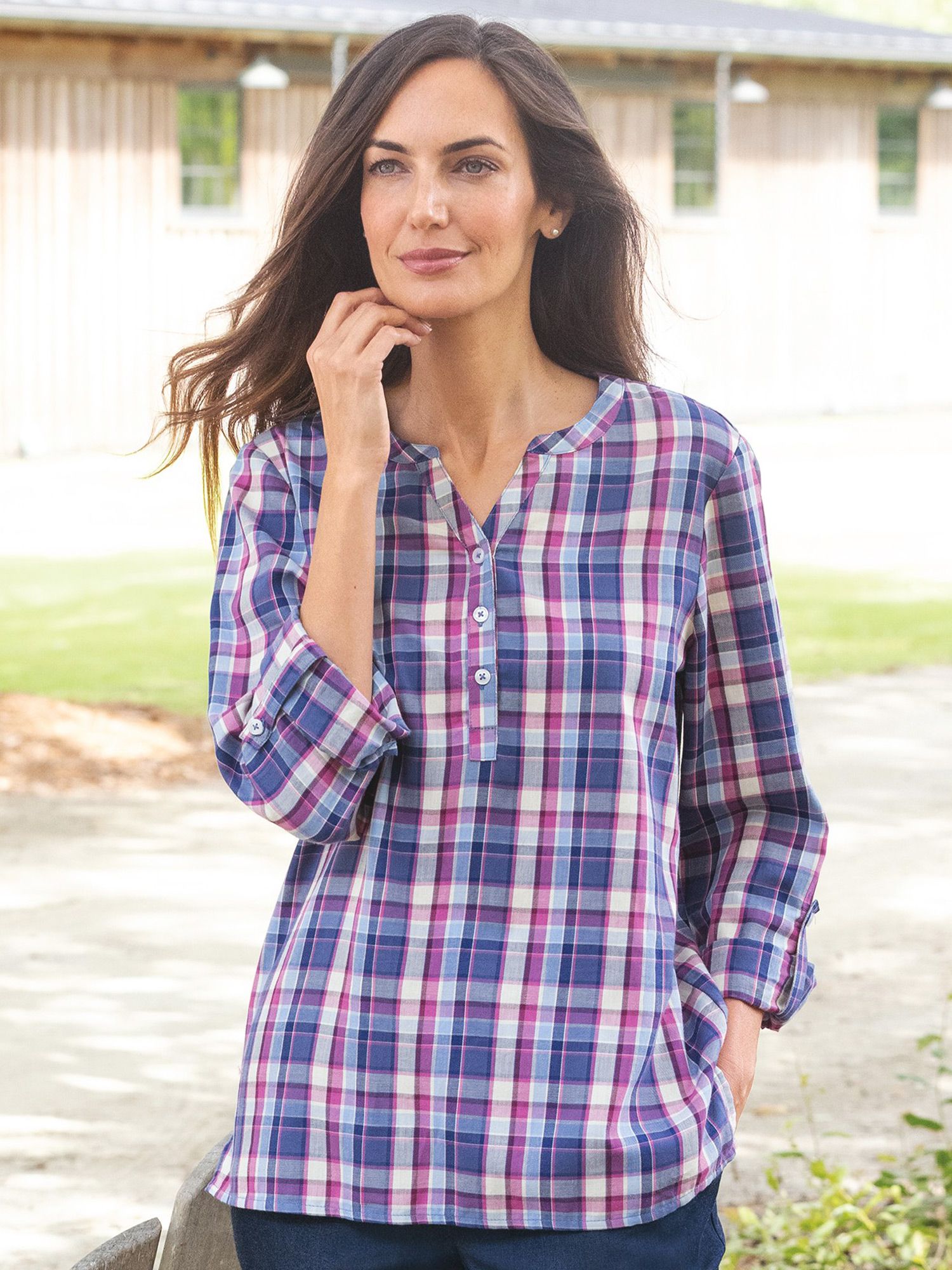 Cotton Plaid Y-Neck Popover