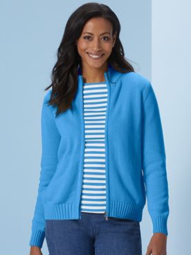 Zip-Front Cotton Cardigan Sweater