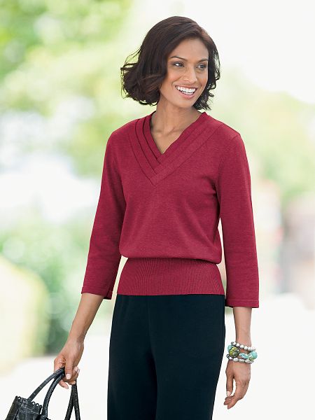 Triple Pleat V-Neck Sweater | Women's Pullover | Appleseeds