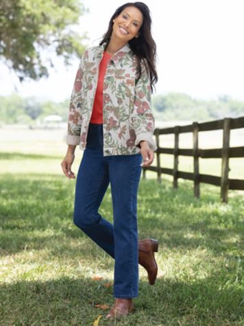 Reversible Floral-Print Jean Jacket & Barely Bootbut 5-Pocket Jeans