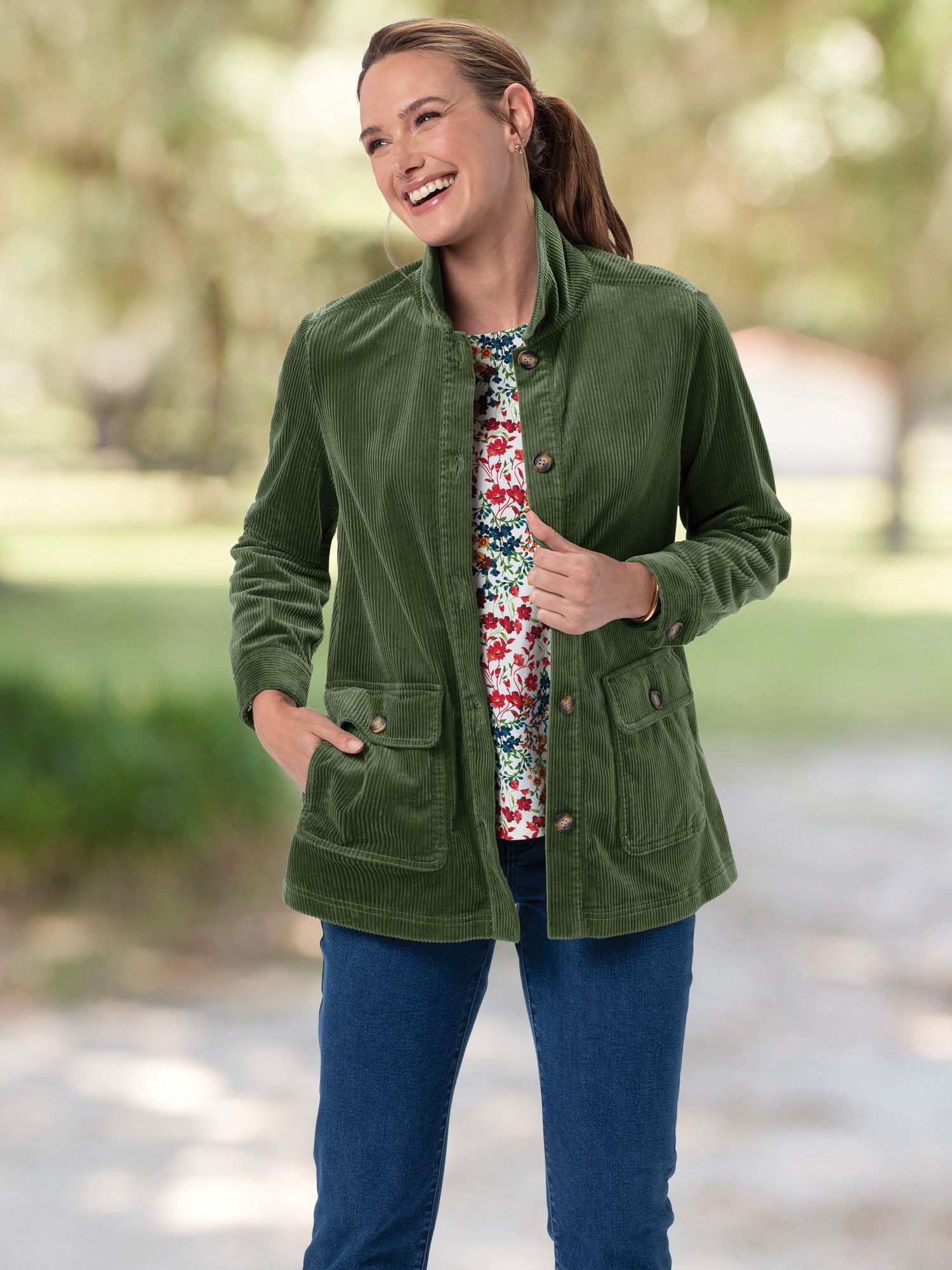 Wide-Wale Corduroy Shirt Jacket & Prima Cotton Meadow Floral Tee