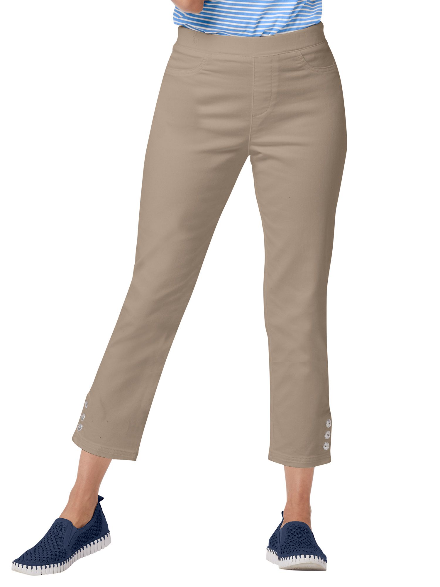 Liberty Knit Denim Cropped Button-Hem Pull-On Jeans