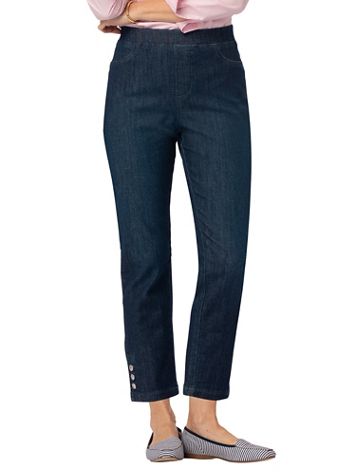 Liberty Knit Denim Cropped Button-Hem Pull-On Jeans