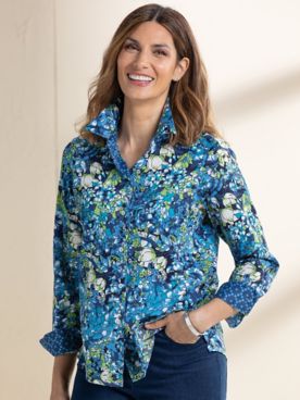 Foxcroft Non-Iron Blue Floral & Geo Check Shirt