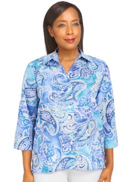 Alfred Dunner® Classic Paisley 3/4 Sleeve Button Down Top Shirt