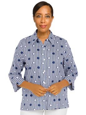 Alfred Dunner® Classic Dot Stripe 3/4 Sleeve Button Down Top Shirt