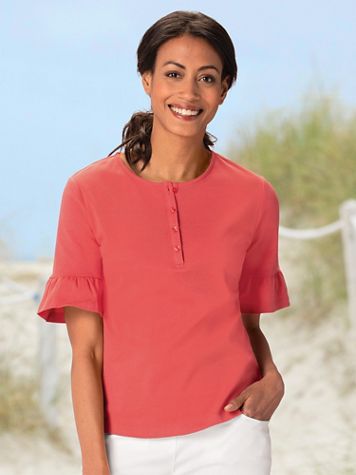 Essential Cotton Ruffle Sleeve Henley - Image 1 of 9