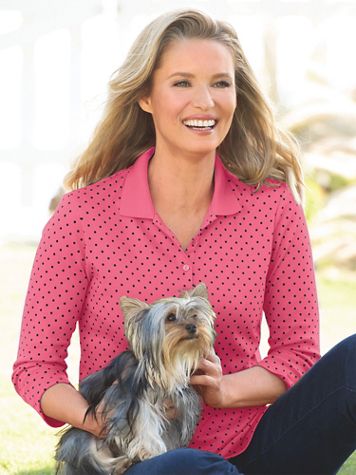 Dot-Print Knit Polo Shirt - Image 1 of 2