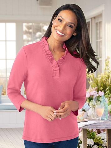 Three-Quarter Sleeve Prima Cotton Solid Ruffle-Neck Tee - Image 1 of 13