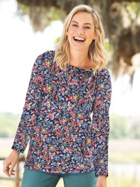Fall Floral-Print Long-Sleeve Cotton Knit Tee