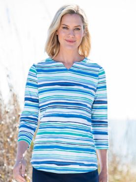 Watercolor-Stripe Notched-Neck Cotton Tee