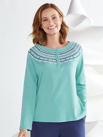 Embroidered-Yoke Long-Sleeve Henley - Image 1 of 2