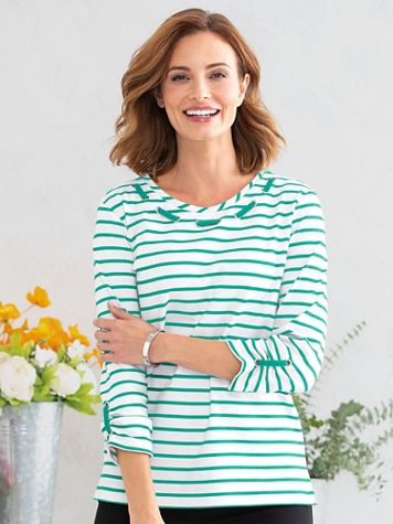 Nautical-Laced Striped Cotton Tee - Image 1 of 4