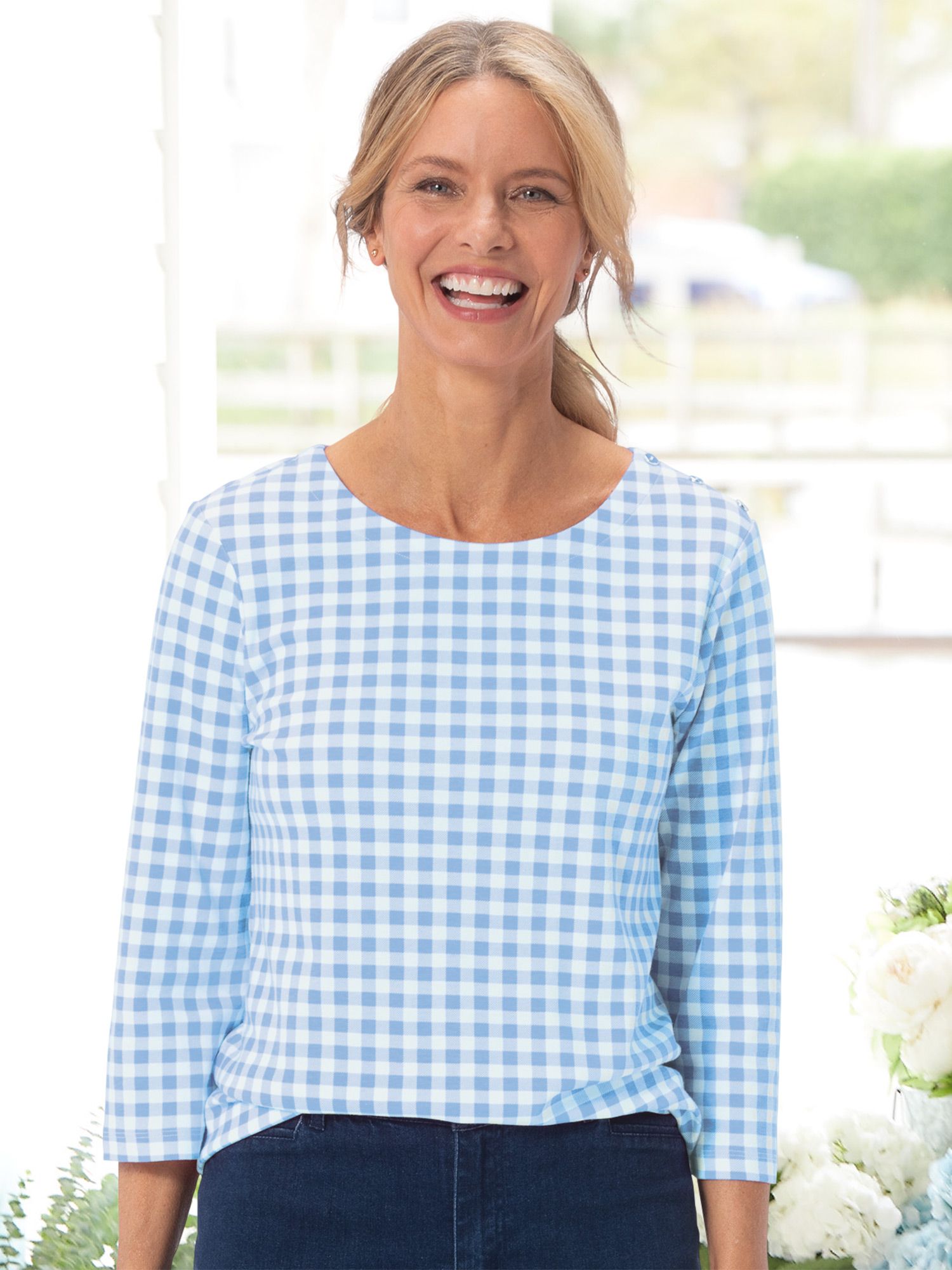 Gingham Check Button-Detail Tee