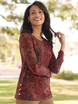 Floral Paisley Side-Snap Knit Top