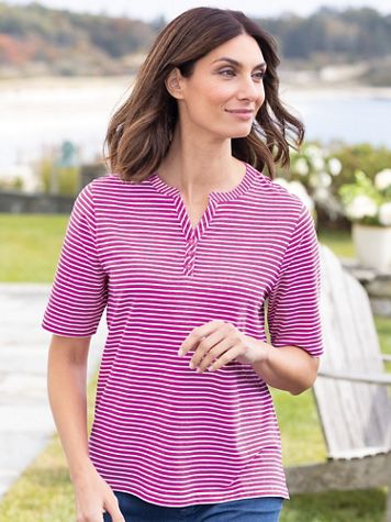 Striped Elbow-Sleeve Notch-Neck Henley - Image 1 of 8