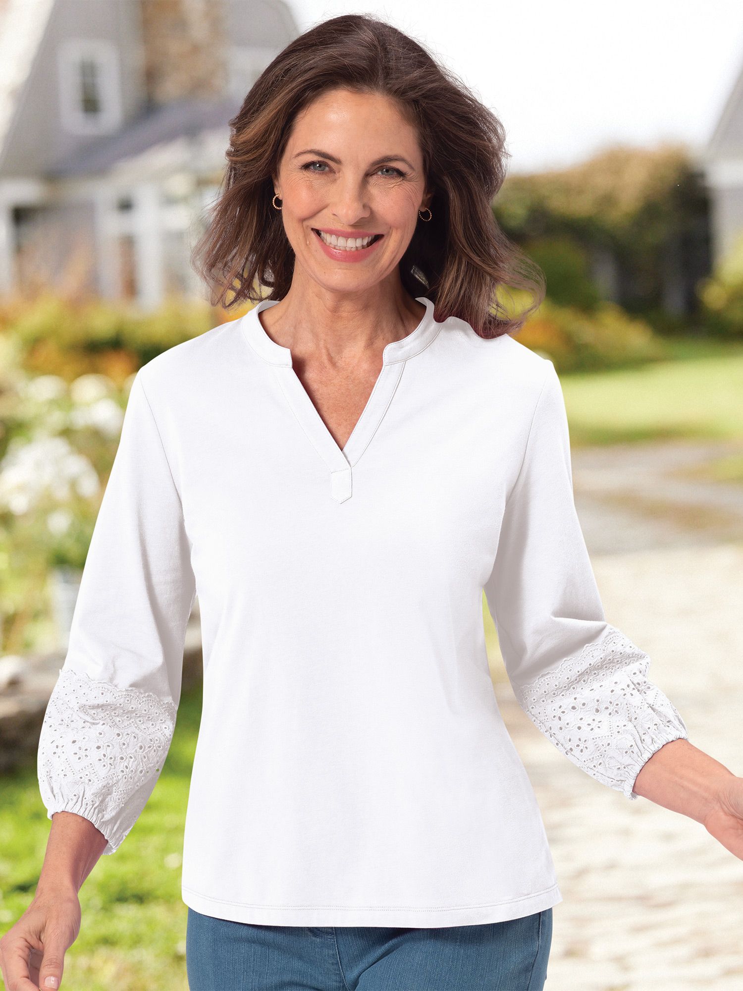 Eyelet-Trim Luxe Jersey Split-Neck Tee