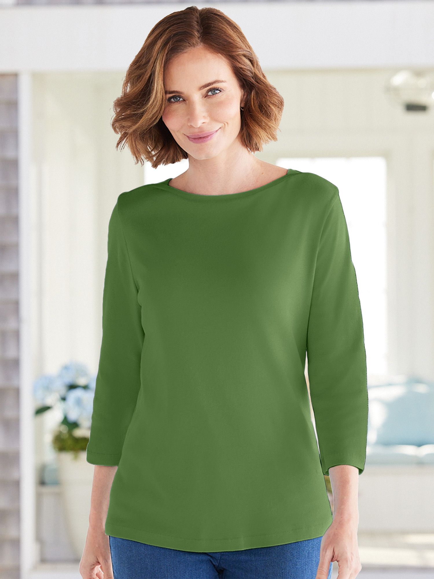 Coastal Cotton Three-Quarter Sleeve Bateau-Neck Tee