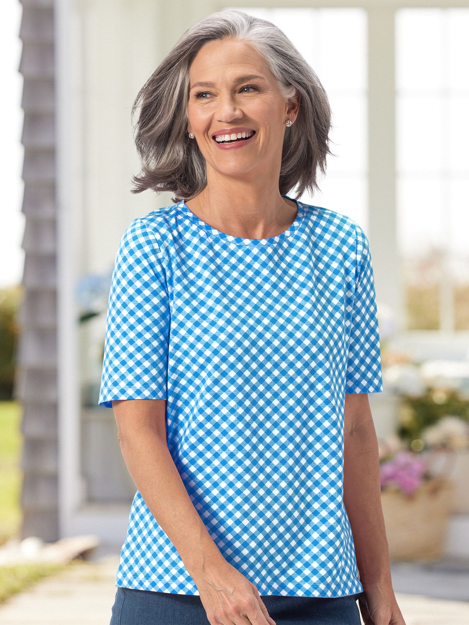 Gingham-Print Elbow-Sleeve Tee