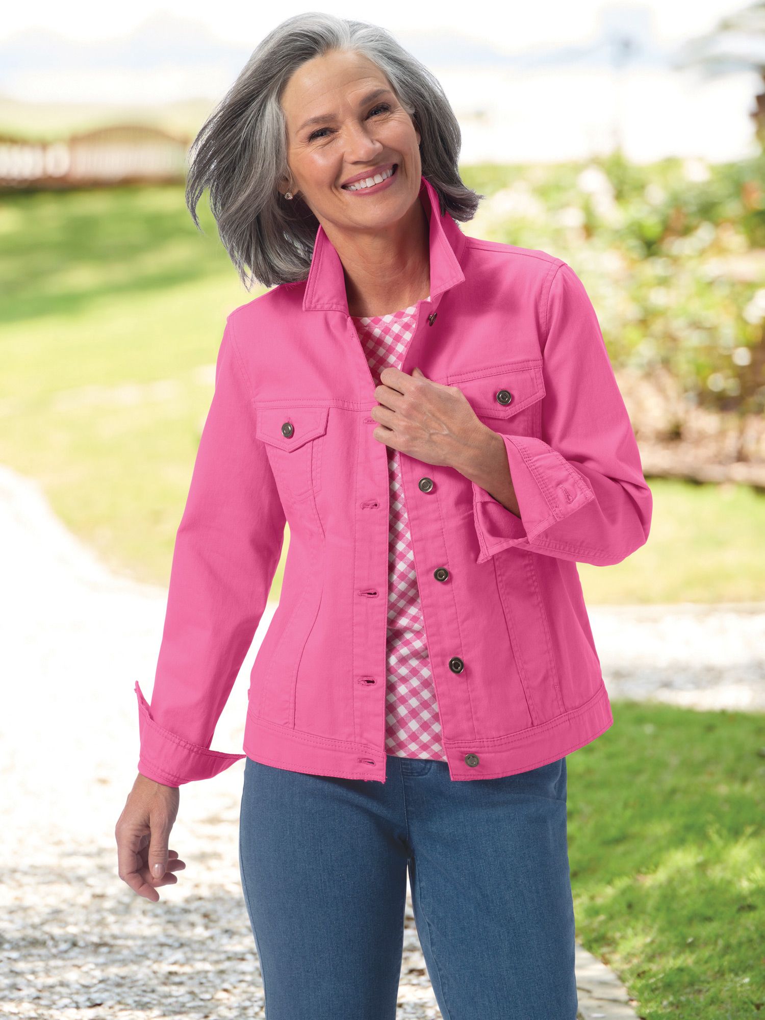 DreamFlex Colored Jean Jacket & Gingham Print Tee