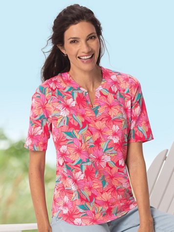 Hibiscus-Print Notch-Neck Tee - Image 1 of 5