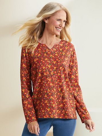 Essential Cotton Lovely Leaves Notch-Neck Tee - Image 1 of 4