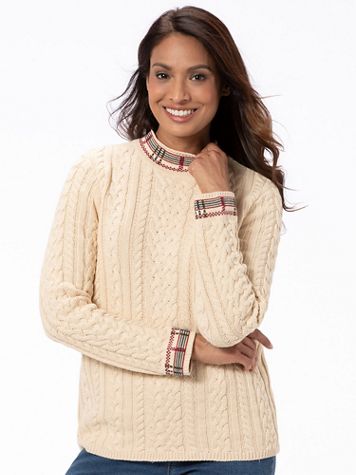 Plaid-Trim Cable Mockneck Sweater - Image 1 of 6
