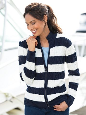 Zip-Front Cable Stripe Cardigan - Image 1 of 2