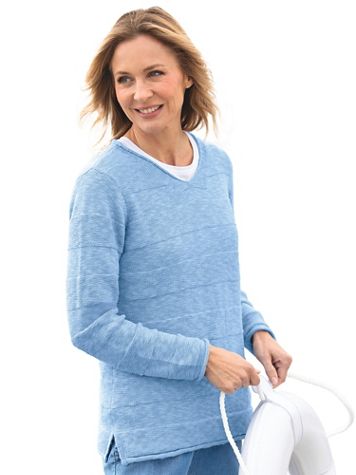 Textured Stripe V-Neck Cotton Sweater - Image 2 of 2