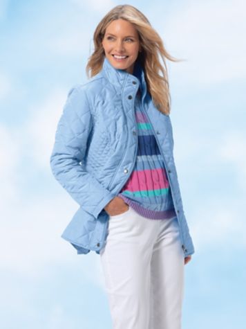 Diamond-Quilted Jacket & Cabana Stripe Cable Sweater