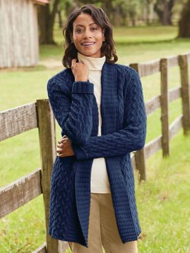 Long Open-Front Cabled Cardigan
