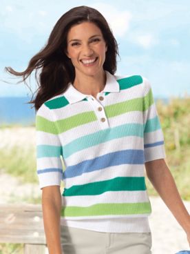 Elbow-Sleeve Striped Linen/Cotton Polo