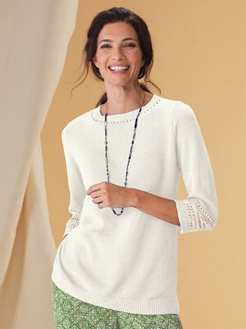 Linen/Cotton Crochet-Trim Pullover
