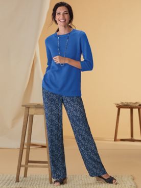 Linen/Cotton Crochet-Trim Pullover & Beach Batik Crinkle Pants