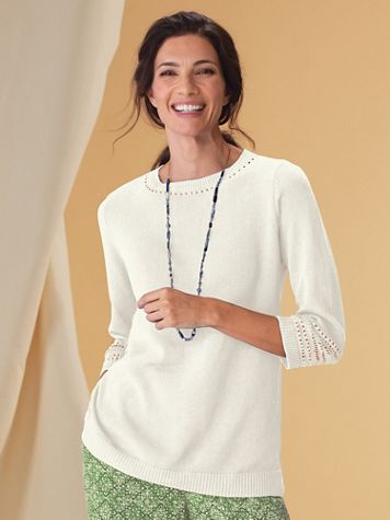 Linen/Cotton Crochet-Trim Pullover - Image 1 of 3