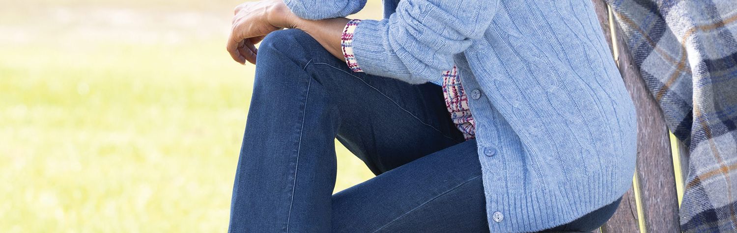 Classic Cabled Wool Cardigan & Essential Cotton Highland Plaid Mockneck Tee