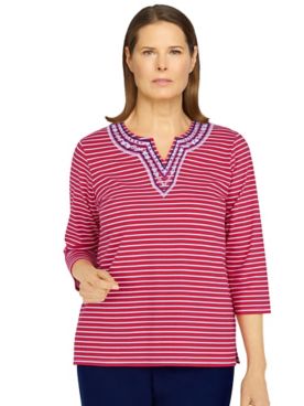 Alfred Dunner Happy Hour Striped Print Embroidered Yoke Top