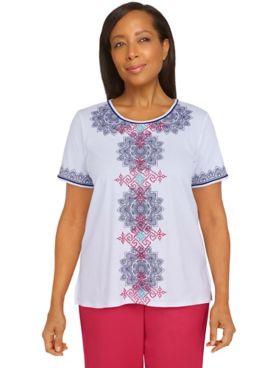 Alfred Dunner Happy Hour Medallion Center Embroidery Top