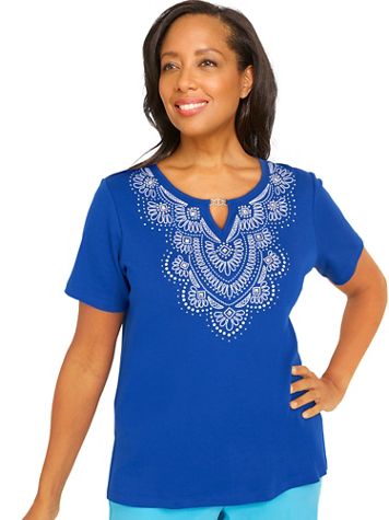 Alfred Dunner® Cool Vibrations Embroidered Split Neck Tee - Image 2 of 2