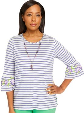 Alfred Dunner® Tropic Zone Striped Bell Sleeve Top with Necklace