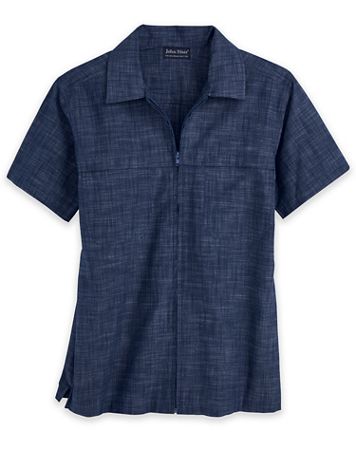 John Blair Short-Sleeve Zip-Front Chambray Shirt - Image 1 of 1