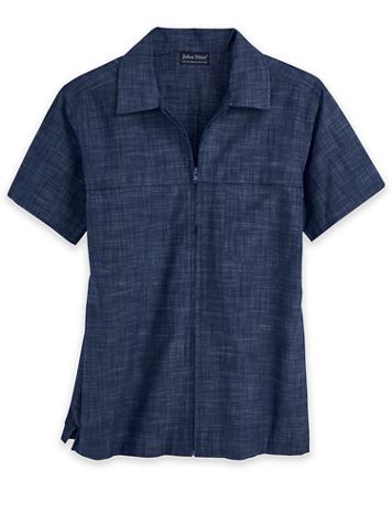 John Blair Short-Sleeve Zip-Front Chambray Shirt - Image 3 of 4