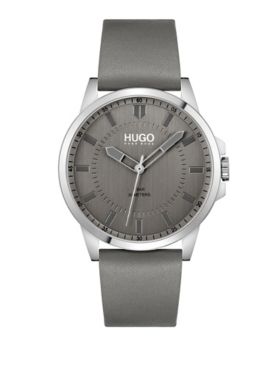 Hugo Boss First Silver & Gray Leather Strap Watch, Gray Dial