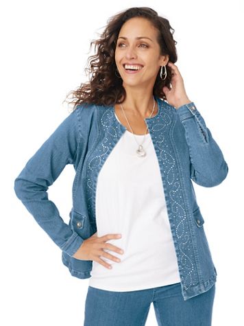 Embellished Open-Front Denim Jacket - Image 1 of 2